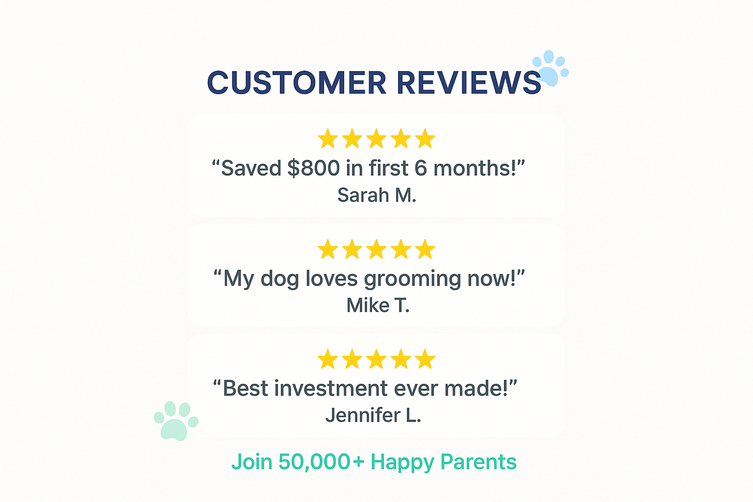 Image simple et claire de témoignages clients WagLix avec 3 avis authentiques, étoiles dorées et design épuré pour une conversion optimale